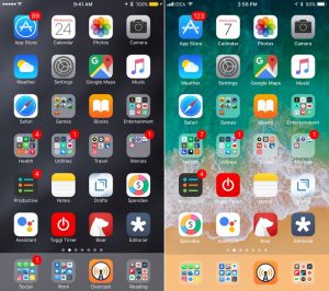 الشاشة الرئيسية في نظامي تشغيل iOS 11 و iOS 10