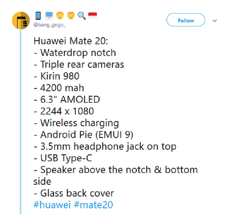 تسريبات جديدة تكشف عن شكل ومواصفات هاتف Huawei Mate 20 القادم
